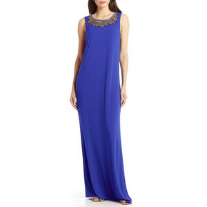 A Dressing Woman Maxi Dress L Blue Sleeveless‎ Beaded Neckline Keyhole Boho Chic